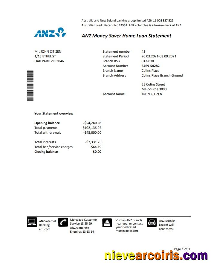 Australia ANZ proof of address bank statement in Excel and PDF format